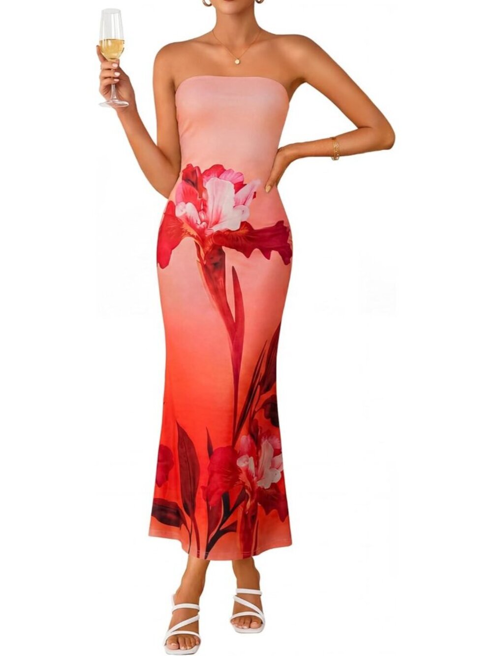 Women's Orange Summer Formal Off Shoulder Strapless Floral Bodycon Maxi Dress